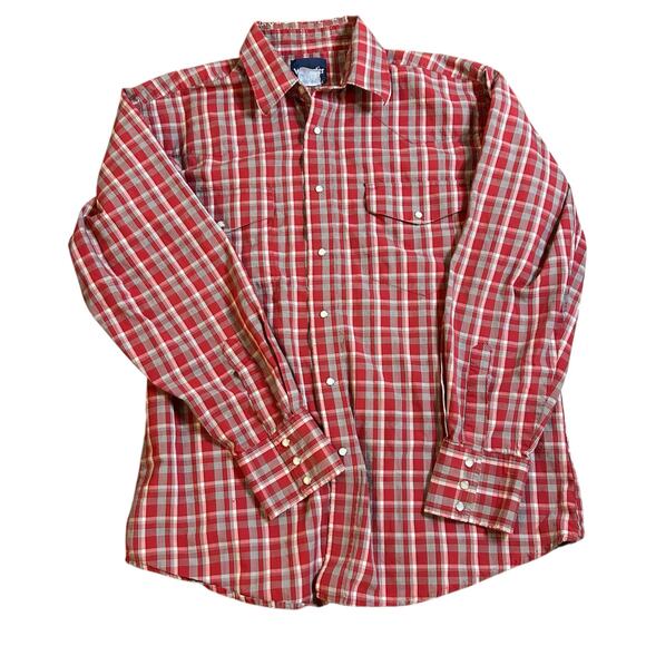 Vintage Wrangler Shirt Size Medium Red Pearl Snap Plaid Western Distressed - Picture 1 of 6